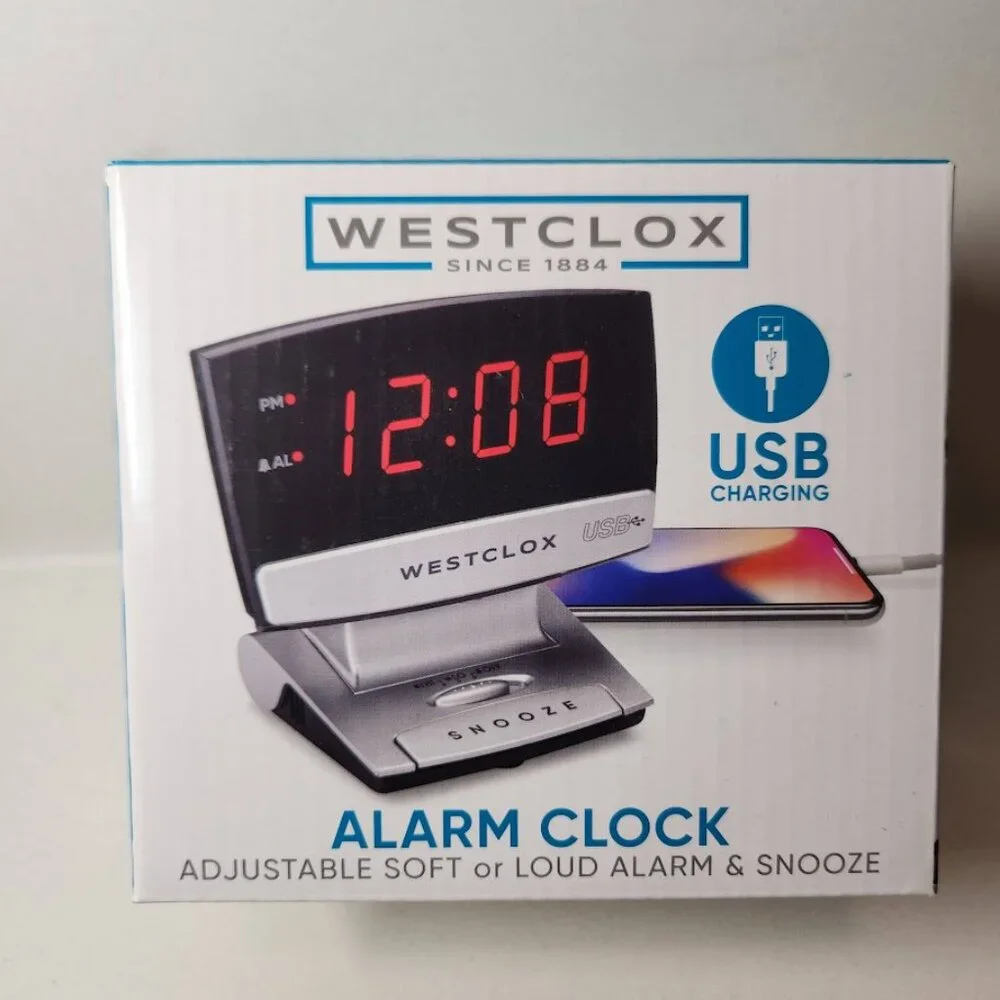 Digital Desk Table Alarm Clock with USB Charging Port Black Silver LED Large 0.9